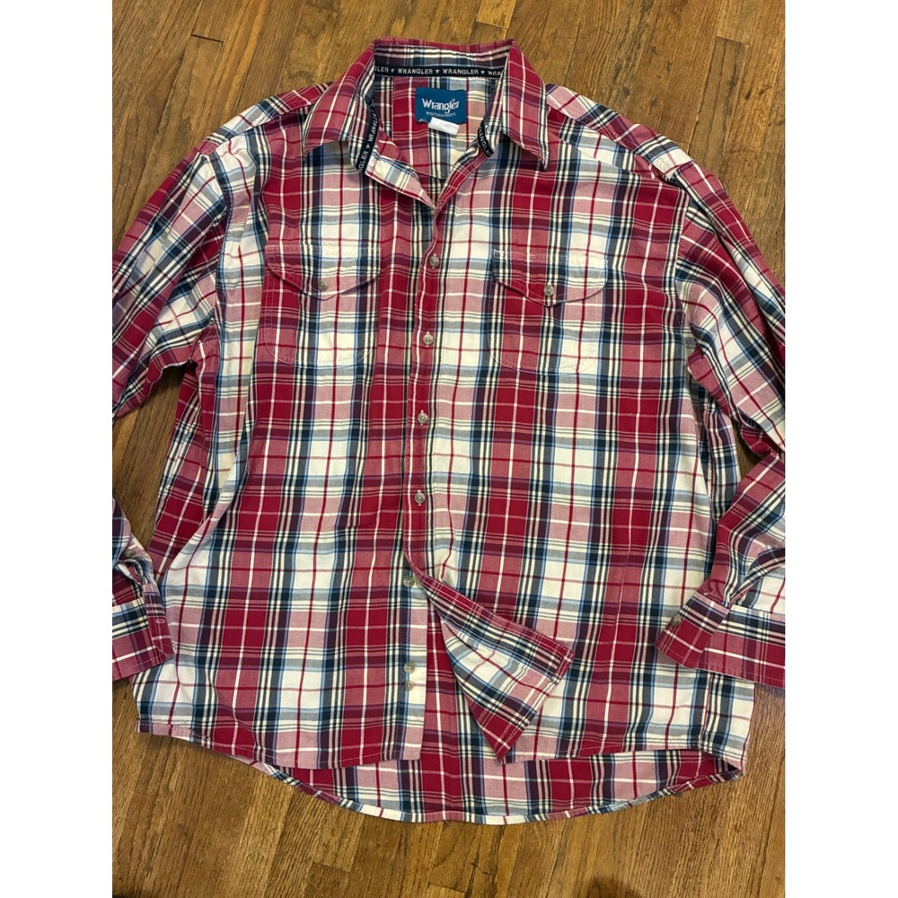Wrangler Western Shirt Mens Red White Blue Plaid Long Sleeve Button Vintage